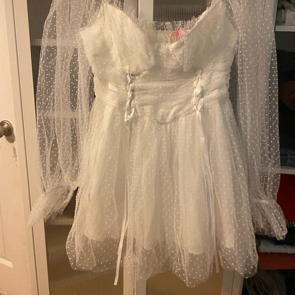 Sugar Thrillz White Mini Dress with Sheer Polka Dot Sleeves